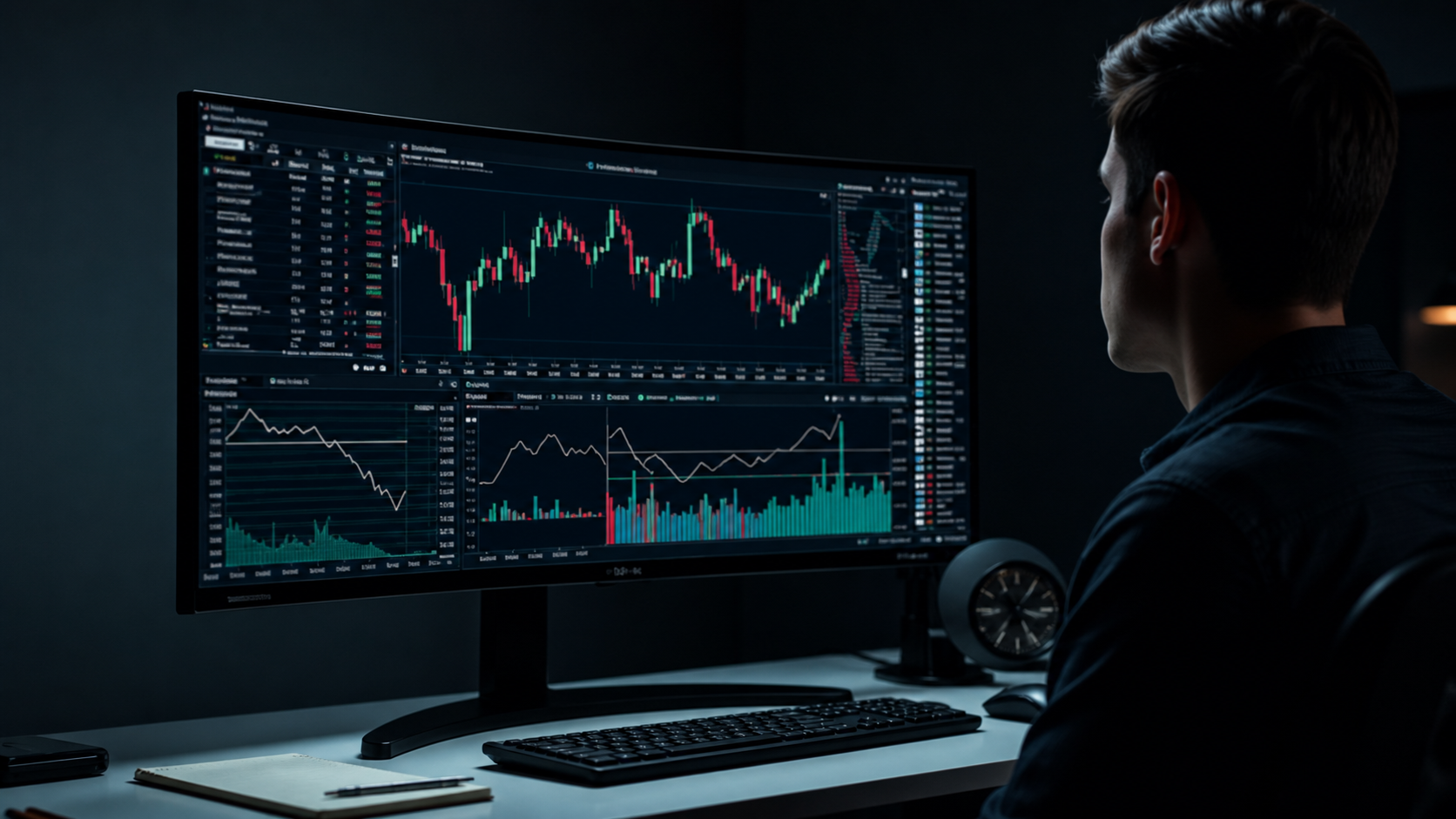 Trader analyzing market charts on an ultrawide trading monitor
